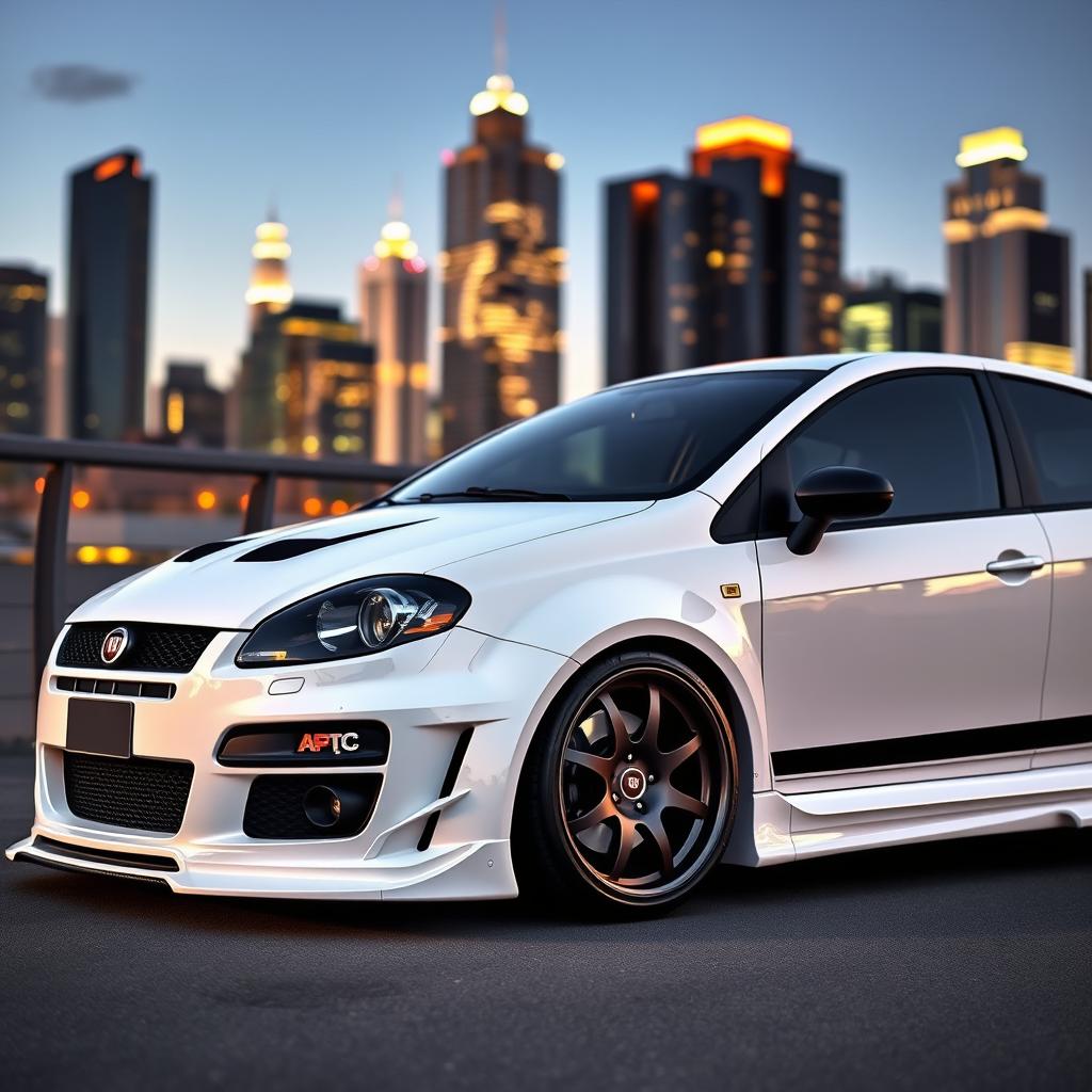 A sleek, tuned Fiat Bravo in a pristine white finish, showcasing its sporty modifications against an urban backdrop