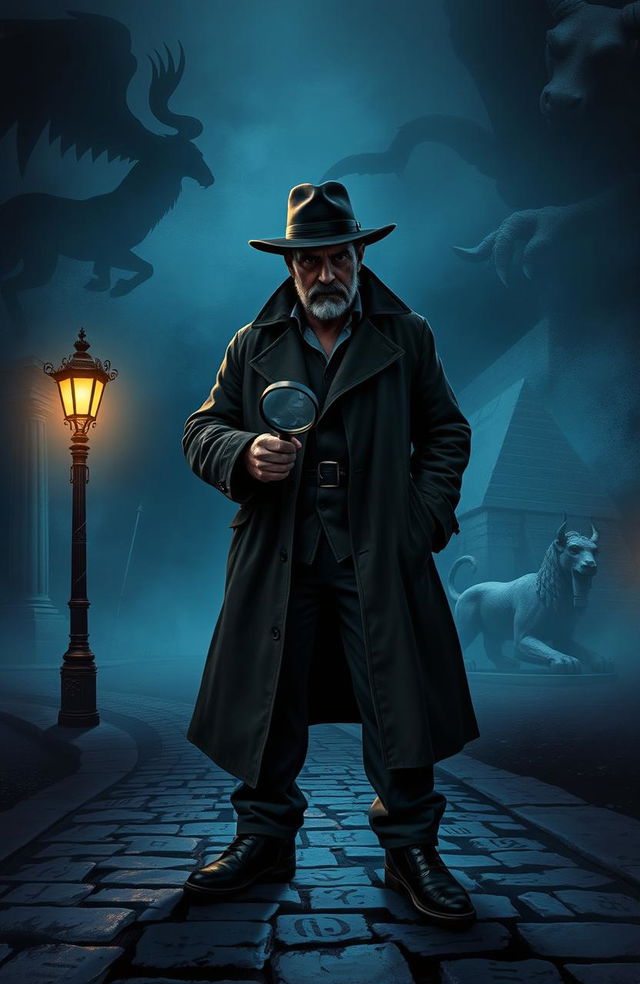 A dark, atmospheric scene of a determined detective solving mysteries, depicted in a moody and shadowy environment