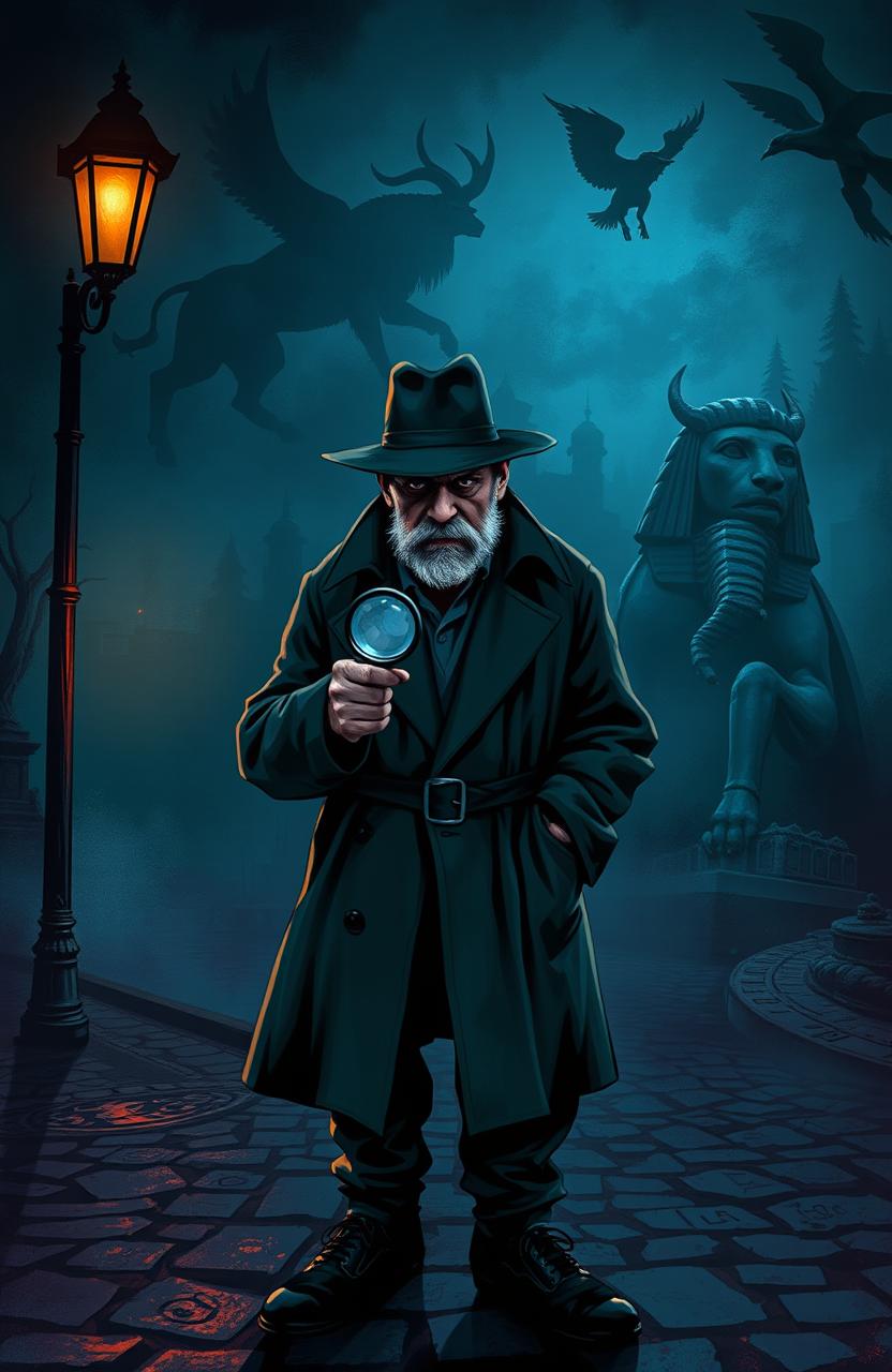 A dark, atmospheric scene of a determined detective solving mysteries, depicted in a moody and shadowy environment