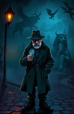 A dark, atmospheric scene of a determined detective solving mysteries, depicted in a moody and shadowy environment