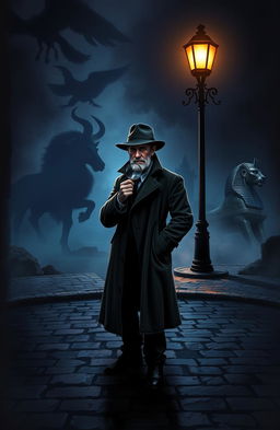 A dark, atmospheric scene of a determined detective solving mysteries, depicted in a moody and shadowy environment