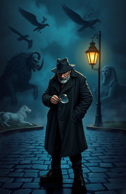 A dark, atmospheric scene of a determined detective solving mysteries, depicted in a moody and shadowy environment
