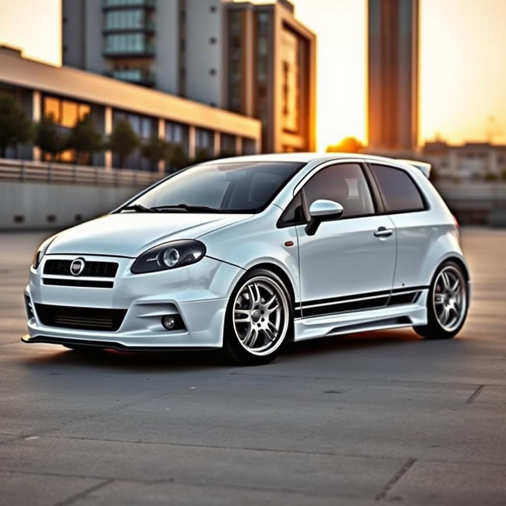 A customized white Fiat Bravo car, showcasing an upgraded and sporty look