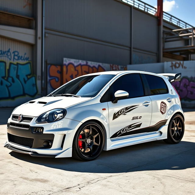 A customized white Fiat Bravo car, showcasing an upgraded aesthetic with a sporty and aggressive look