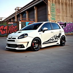 A customized white Fiat Bravo car, showcasing an upgraded aesthetic with a sporty and aggressive look