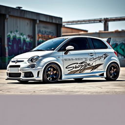 A customized white Fiat Bravo car, showcasing an upgraded aesthetic with a sporty and aggressive look