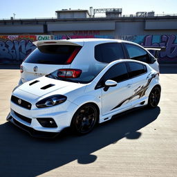 A customized white Fiat Bravo car, showcasing an upgraded aesthetic with a sporty and aggressive look