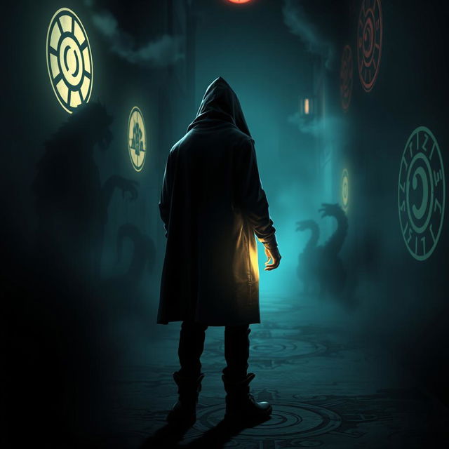 A dark and captivating scene titled "Shadows of the Unseen" featuring a young detective standing with his back to the viewer, shrouded in a hooded cloak, as he solves mysteries influenced by various mythologies