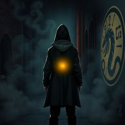 A dark and captivating scene titled "Shadows of the Unseen" featuring a young detective standing with his back to the viewer, shrouded in a hooded cloak, as he solves mysteries influenced by various mythologies