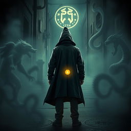 A dark and captivating scene titled "Shadows of the Unseen" featuring a young detective standing with his back to the viewer, shrouded in a hooded cloak, as he solves mysteries influenced by various mythologies