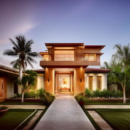 A house designed according to vastu principles, with an east-facing entrance, balanced rooms, and a central courtyard. Use neutral tones for the exterior, with an open, spacious interior that enhances a sense of peace and prosperity.