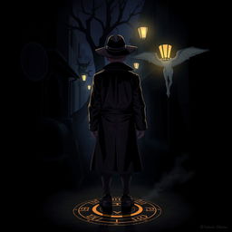 A dark and intriguing scene titled "Shadows of the Unseen" featuring a young detective facing backwards, dressed in a stylish trench coat and wide-brimmed hat, standing in a shadowy alley