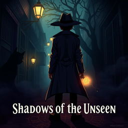 A dark and intriguing scene titled "Shadows of the Unseen" featuring a young detective facing backwards, dressed in a stylish trench coat and wide-brimmed hat, standing in a shadowy alley