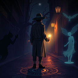A dark and intriguing scene titled "Shadows of the Unseen" featuring a young detective facing backwards, dressed in a stylish trench coat and wide-brimmed hat, standing in a shadowy alley