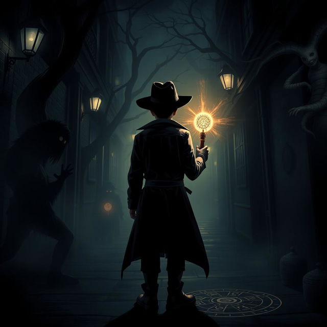 A dark and intriguing scene titled "Shadows of the Unseen" featuring a young detective facing backwards, dressed in a stylish trench coat and wide-brimmed hat, standing in a shadowy alley