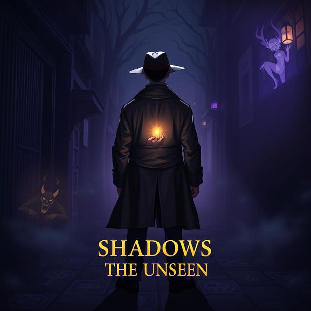 A dark and captivating scene titled "Shadows of the Unseen", featuring a young detective facing backwards