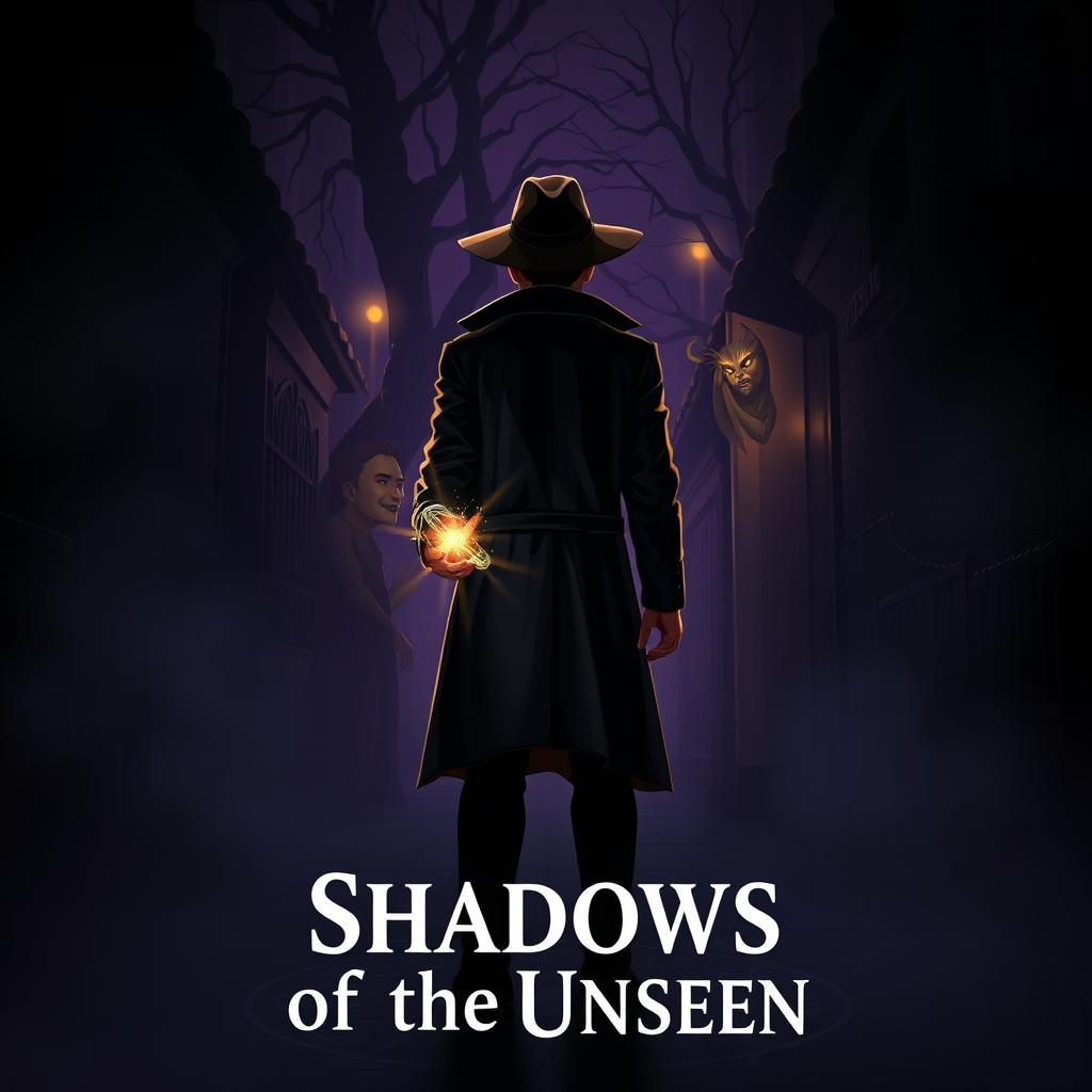 A dark and captivating scene titled "Shadows of the Unseen", featuring a young detective facing backwards