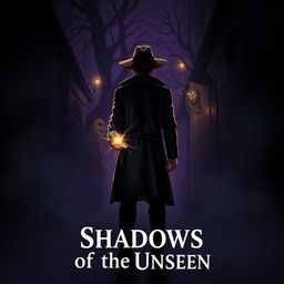 A dark and captivating scene titled "Shadows of the Unseen", featuring a young detective facing backwards