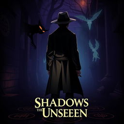 A dark and captivating scene titled "Shadows of the Unseen", featuring a young detective facing backwards
