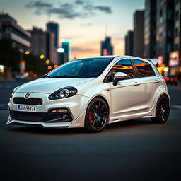 A sleek, modified white Fiat Bravo, featuring an array of performance enhancements and stylish tuning