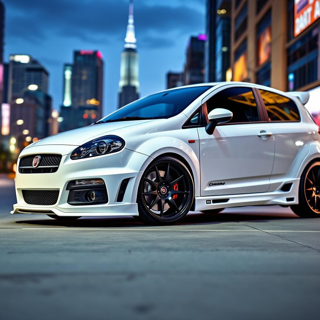 A sleek, modified white Fiat Bravo, featuring an array of performance enhancements and stylish tuning