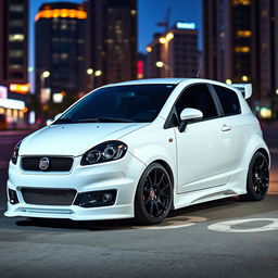A sleek, modified white Fiat Bravo, featuring an array of performance enhancements and stylish tuning