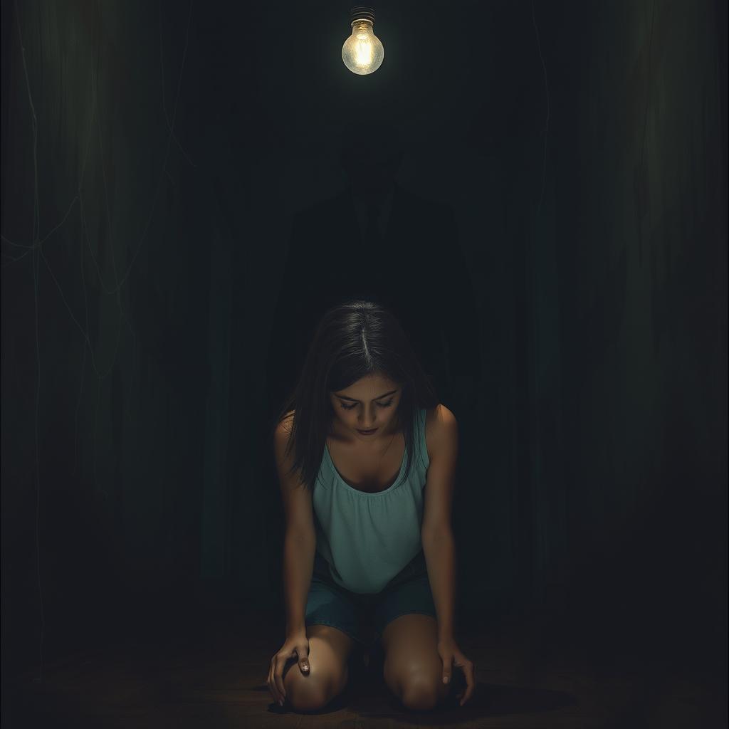 A tense and eerie scene depicting a young woman facing the floor in a dimly lit room, her body language showing fear and distress