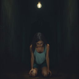 A tense and eerie scene depicting a young woman facing the floor in a dimly lit room, her body language showing fear and distress