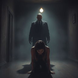 A tense and eerie scene depicting a young woman facing the floor in a dimly lit room, her body language showing fear and distress