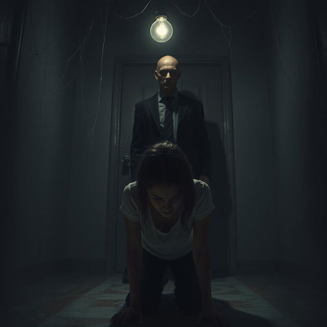 A tense and eerie scene depicting a young woman facing the floor in a dimly lit room, her body language showing fear and distress