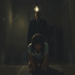 A tense and eerie scene depicting a young woman facing the floor in a dimly lit room, her body language showing fear and distress