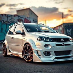 A stunning white tuned Fiat Bravo model car showcased in an artistic setting