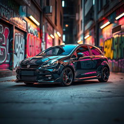 A striking black tuned Fiat Bravo model car displayed in an eye-catching urban environment