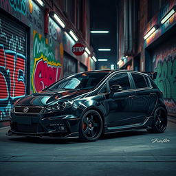 A striking black tuned Fiat Bravo model car displayed in an eye-catching urban environment