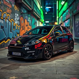 A striking black tuned Fiat Bravo model car displayed in an eye-catching urban environment