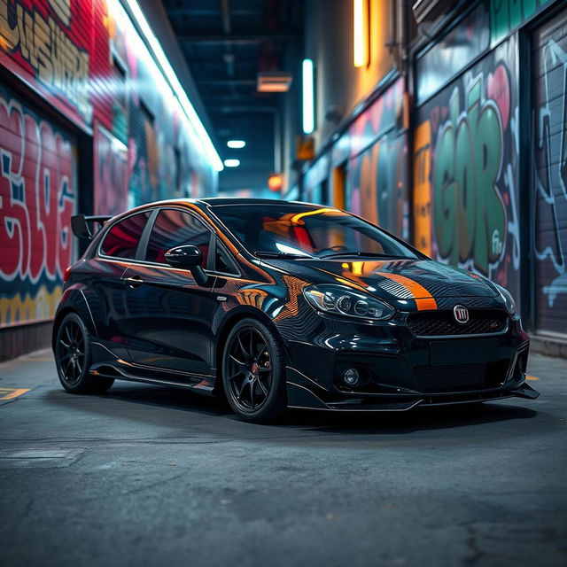 A striking black tuned Fiat Bravo model car displayed in an eye-catching urban environment