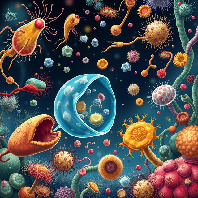 An engaging illustration depicting protozoa consuming bacteria, fungi, and other microorganisms as a food source