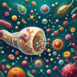 An engaging illustration depicting protozoa consuming bacteria, fungi, and other microorganisms as a food source