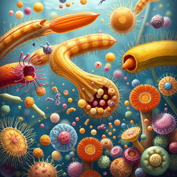 An engaging illustration depicting protozoa consuming bacteria, fungi, and other microorganisms as a food source