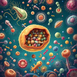 An engaging illustration depicting protozoa consuming bacteria, fungi, and other microorganisms as a food source