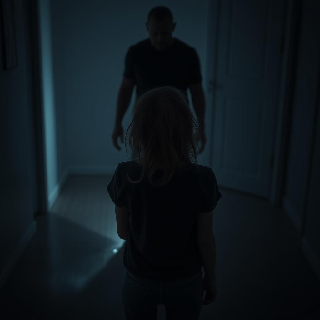 A horror scene featuring a girl with her back facing the viewer, looking down towards the floor with an expression of fear and concern