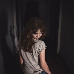 A horror scene featuring a girl with her back facing the viewer, looking down towards the floor with an expression of fear and concern