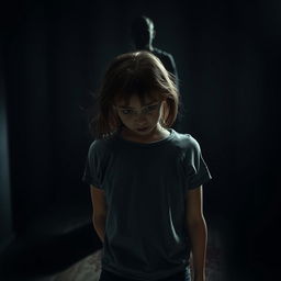 A horror scene featuring a girl with her back facing the viewer, looking down towards the floor with an expression of fear and concern