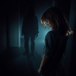 A horror scene featuring a girl with her back facing the viewer, looking down towards the floor with an expression of fear and concern
