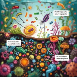 An engaging and educational illustration depicting protozoa regulating microbiota in a diverse ecosystem