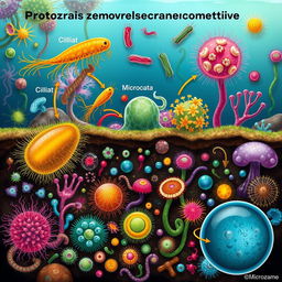 An engaging and educational illustration depicting protozoa regulating microbiota in a diverse ecosystem