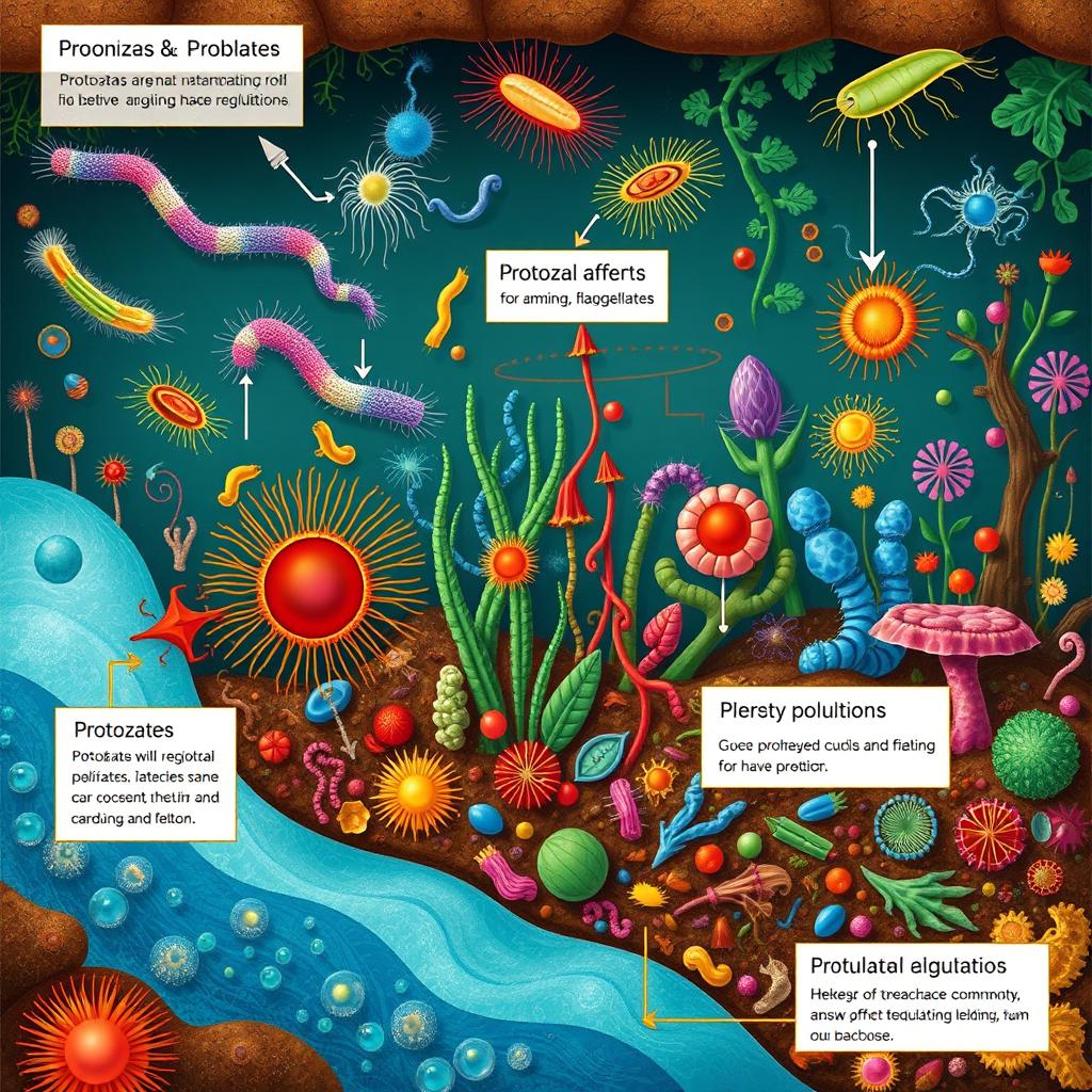 An engaging and educational illustration depicting protozoa regulating microbiota in a diverse ecosystem