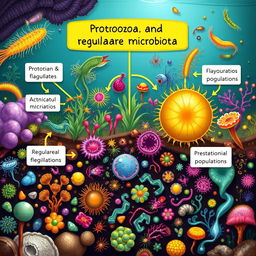 An engaging and educational illustration depicting protozoa regulating microbiota in a diverse ecosystem