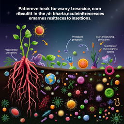 A conceptual illustration depicting the presence of predatory protozoa inducing immune responses in plants, animals, and microorganisms, enhancing resistance to infections