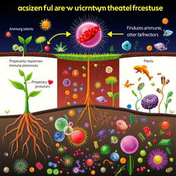 A conceptual illustration depicting the presence of predatory protozoa inducing immune responses in plants, animals, and microorganisms, enhancing resistance to infections